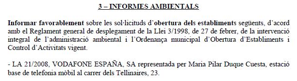 Acord de la Junta de Govern Local de l'Ajutament de Gav que permetr la installaci d'una antena de Vodafone a Gav Mar (7 de Setembre de 2010)